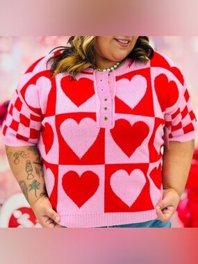 NEW - Fantastic Fawn - Red/Pink Checker Heart Knit Sweater Top - Woman's M